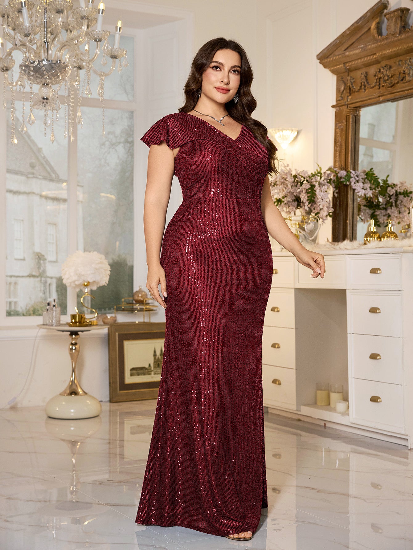 Teal Sequin Cap‑Sleeve Slit Sheath Plus Size Evening Gown