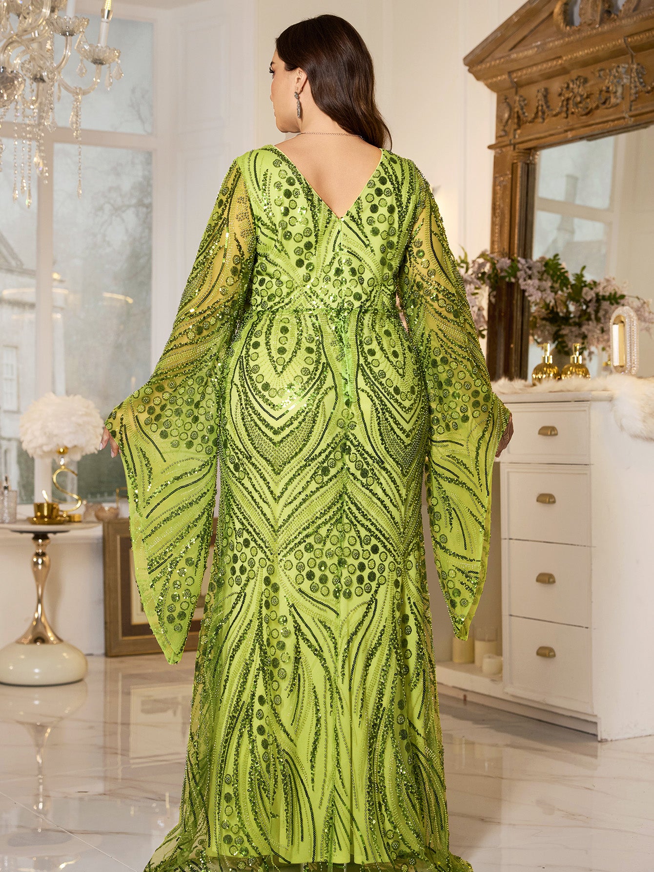 Bright Green Flare Bell Sleeve Geometric Sequin Plus‑Size Mermaid Formal Dress