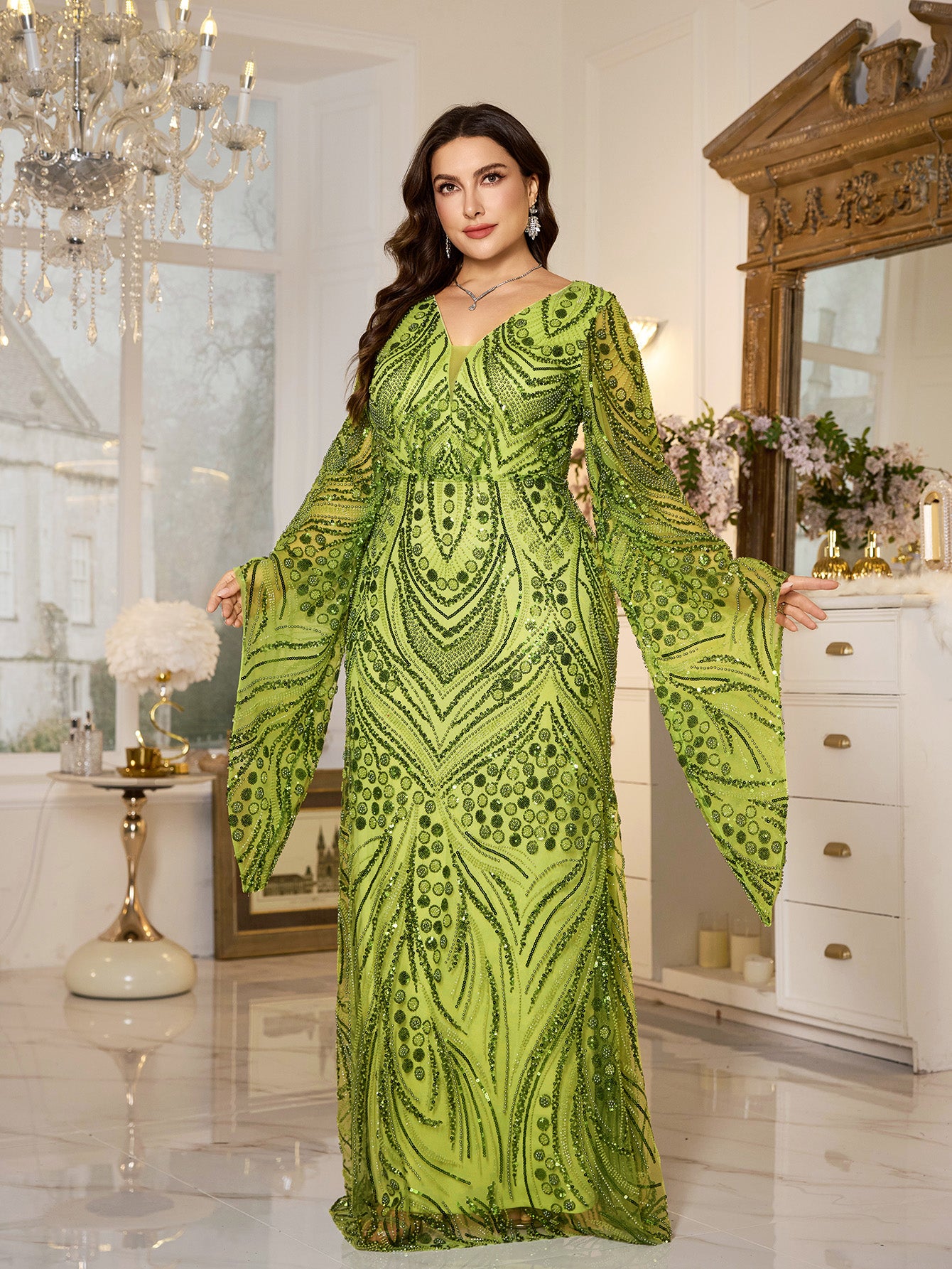 Bright Green Flare Bell Sleeve Geometric Sequin Plus‑Size Mermaid Formal Dress