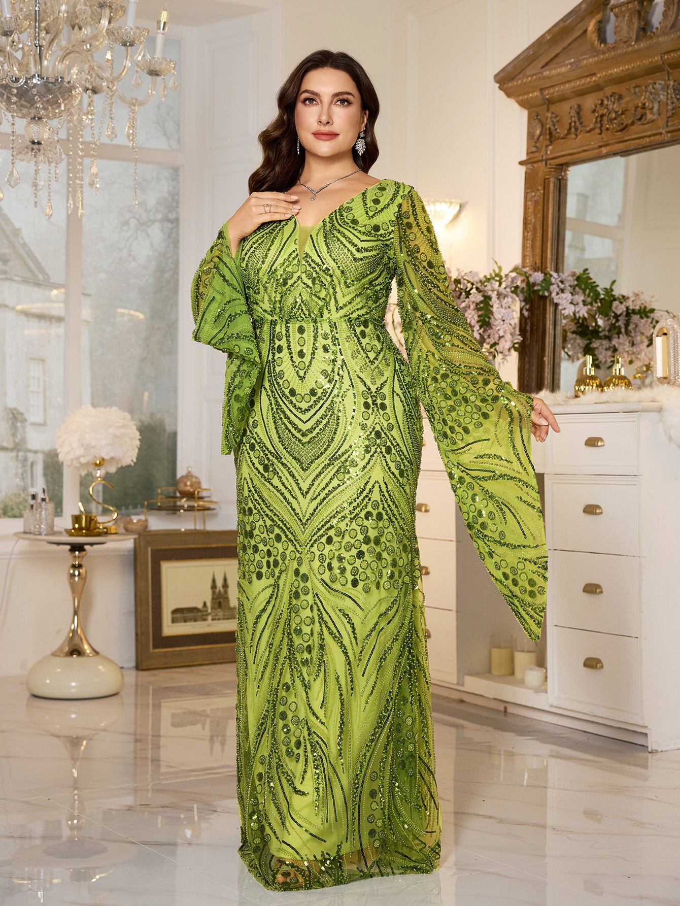 Bright Green Flare Bell Sleeve Geometric Sequin Plus‑Size Mermaid Formal Dress