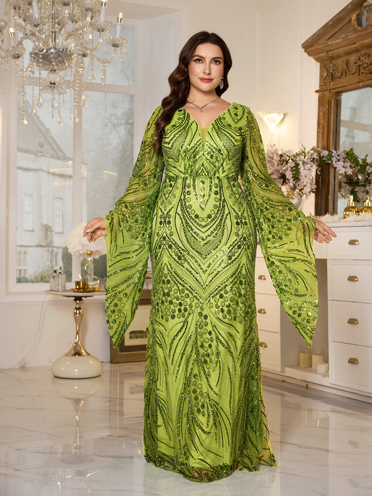 Lime‑Green Beaded Bell‑Sleeve Sheath Plus Size Evening Gown