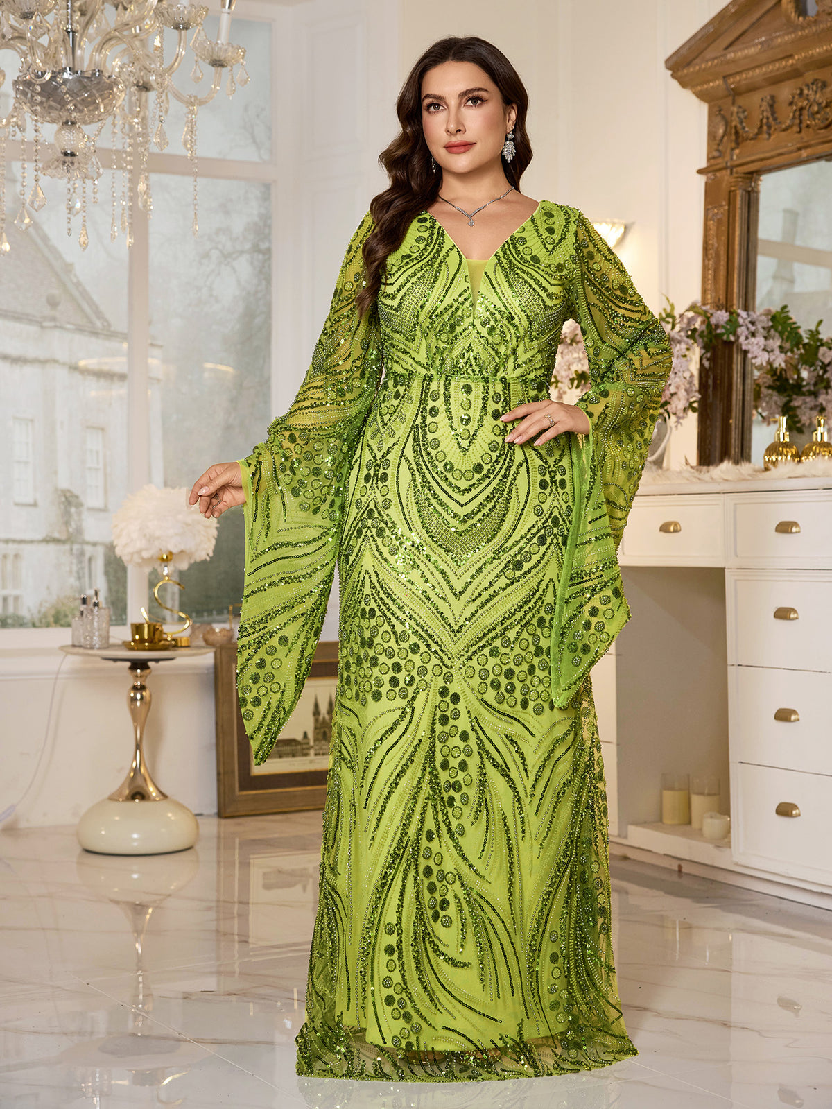 Bright Green Flare Bell Sleeve Geometric Sequin Plus‑Size Mermaid Formal Dress