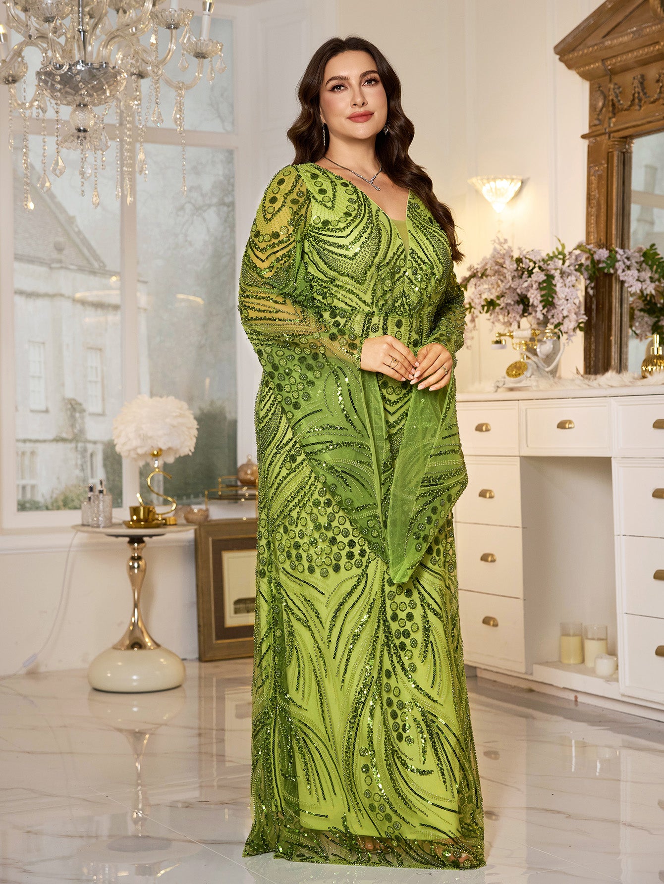 Lime‑Green Beaded Bell‑Sleeve Sheath Plus Size Evening Gown