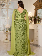 Avocado Green Floral Sequin V‑Neck Cape Sleeve Plus‑Size Mermaid Evening Gown