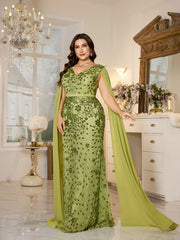 Avocado Green Floral Sequin V‑Neck Cape Sleeve Plus‑Size Mermaid Evening Gown