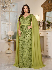 Avocado Green Floral Sequin V‑Neck Cape Sleeve Plus‑Size Mermaid Evening Gown