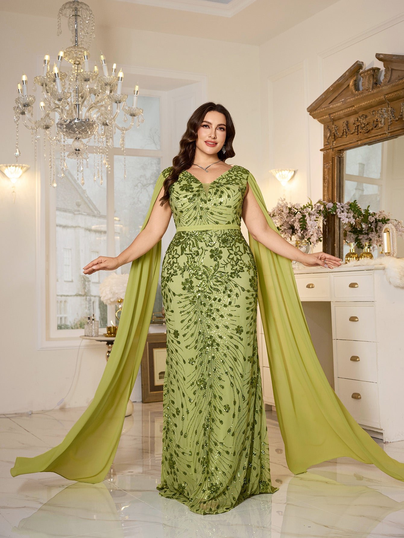 Avocado Green Floral Sequin V‑Neck Cape Sleeve Plus‑Size Mermaid Evening Gown