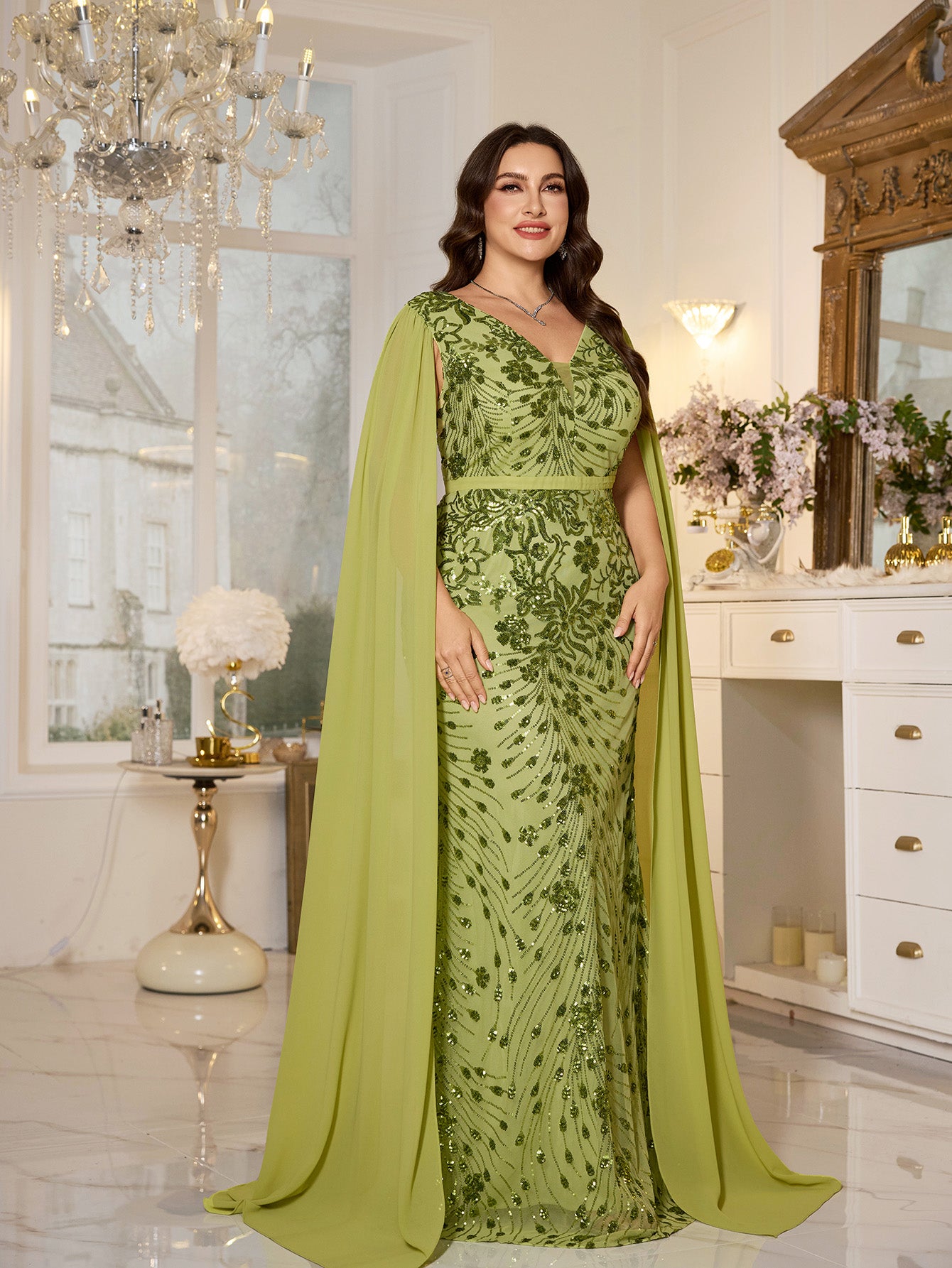 Avocado Green Floral Sequin V‑Neck Cape Sleeve Plus‑Size Mermaid Evening Gown
