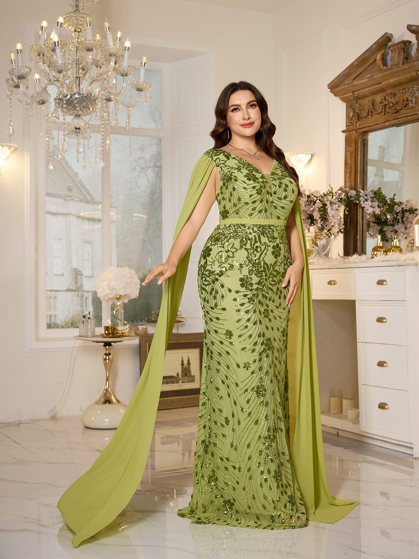 Avocado Green Floral Sequin V‑Neck Cape Sleeve Plus‑Size Mermaid Evening Gown