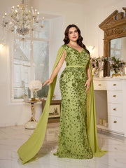 Avocado Green Floral Sequin V‑Neck Cape Sleeve Plus‑Size Mermaid Evening Gown