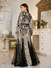 Cream‑Black Floral Sequin Slit Mermaid Plus Size Evening Gown