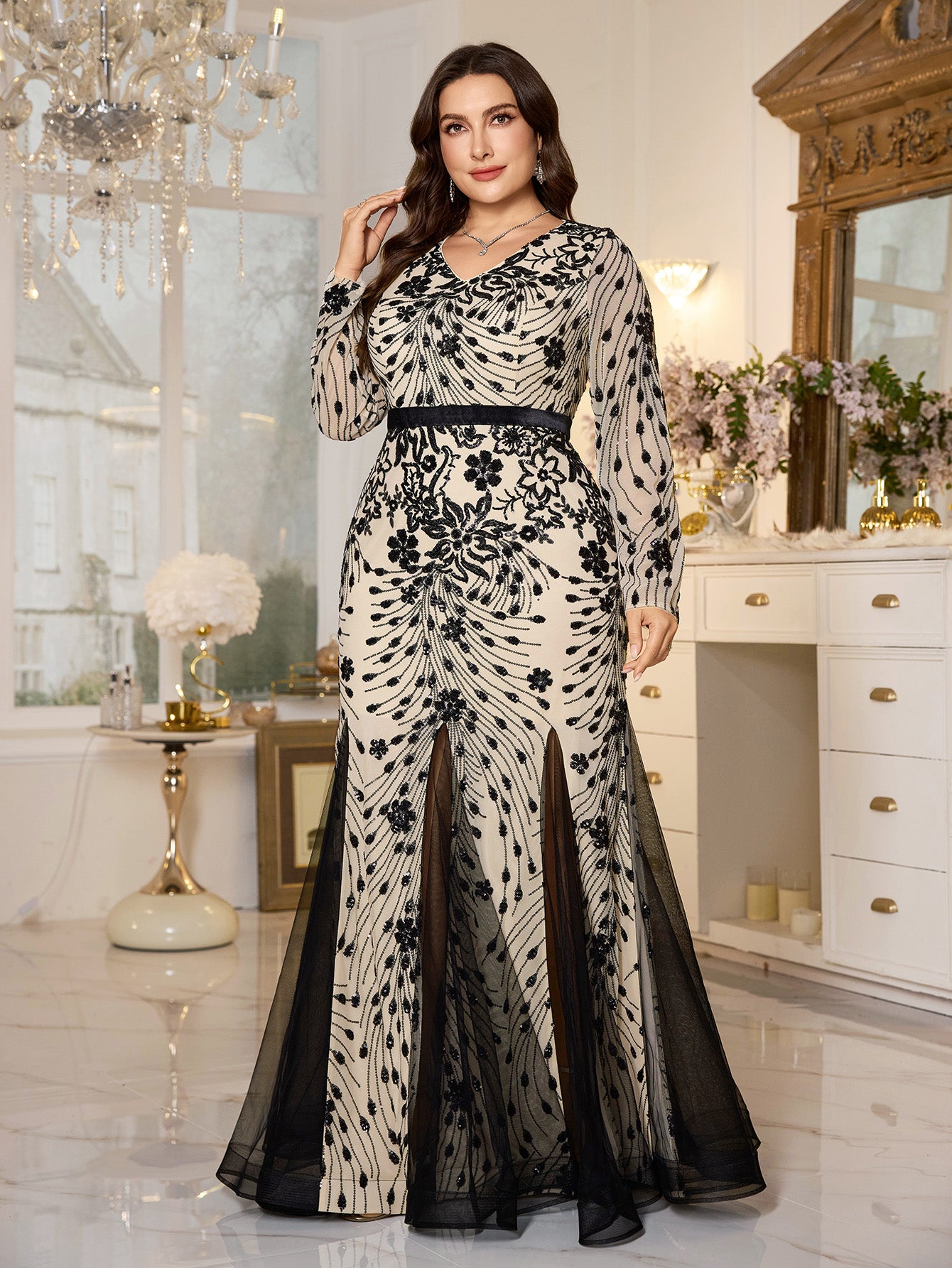Beige‑Base Black Floral Sequin V‑Neck Long‑Sleeve Split Plus‑Size Mermaid Evening Gown