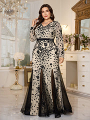 Beige‑Base Black Floral Sequin V‑Neck Long‑Sleeve Split Plus‑Size Mermaid Evening Gown
