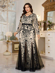 Beige‑Base Black Floral Sequin V‑Neck Long‑Sleeve Split Plus‑Size Mermaid Evening Gown