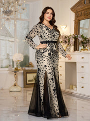 Cream‑Black Floral Sequin Slit Mermaid Plus Size Evening Gown