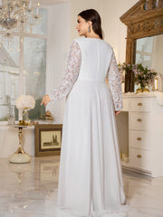 White Lace Long‑Sleeve High‑Waist A‑Line Plus‑Size Evening Gown