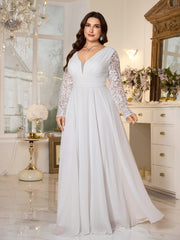 White Lace Long‑Sleeve High‑Waist A‑Line Plus‑Size Evening Gown