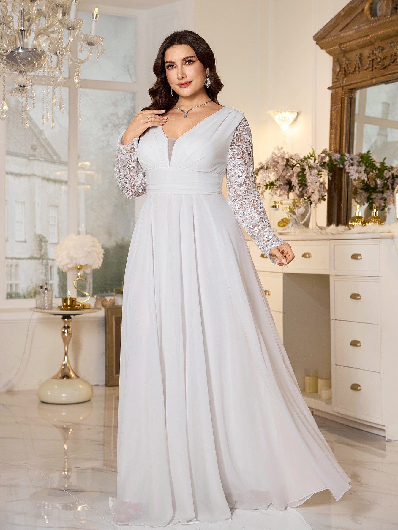 White Lace Long‑Sleeve High‑Waist A‑Line Plus Size Evening Gown