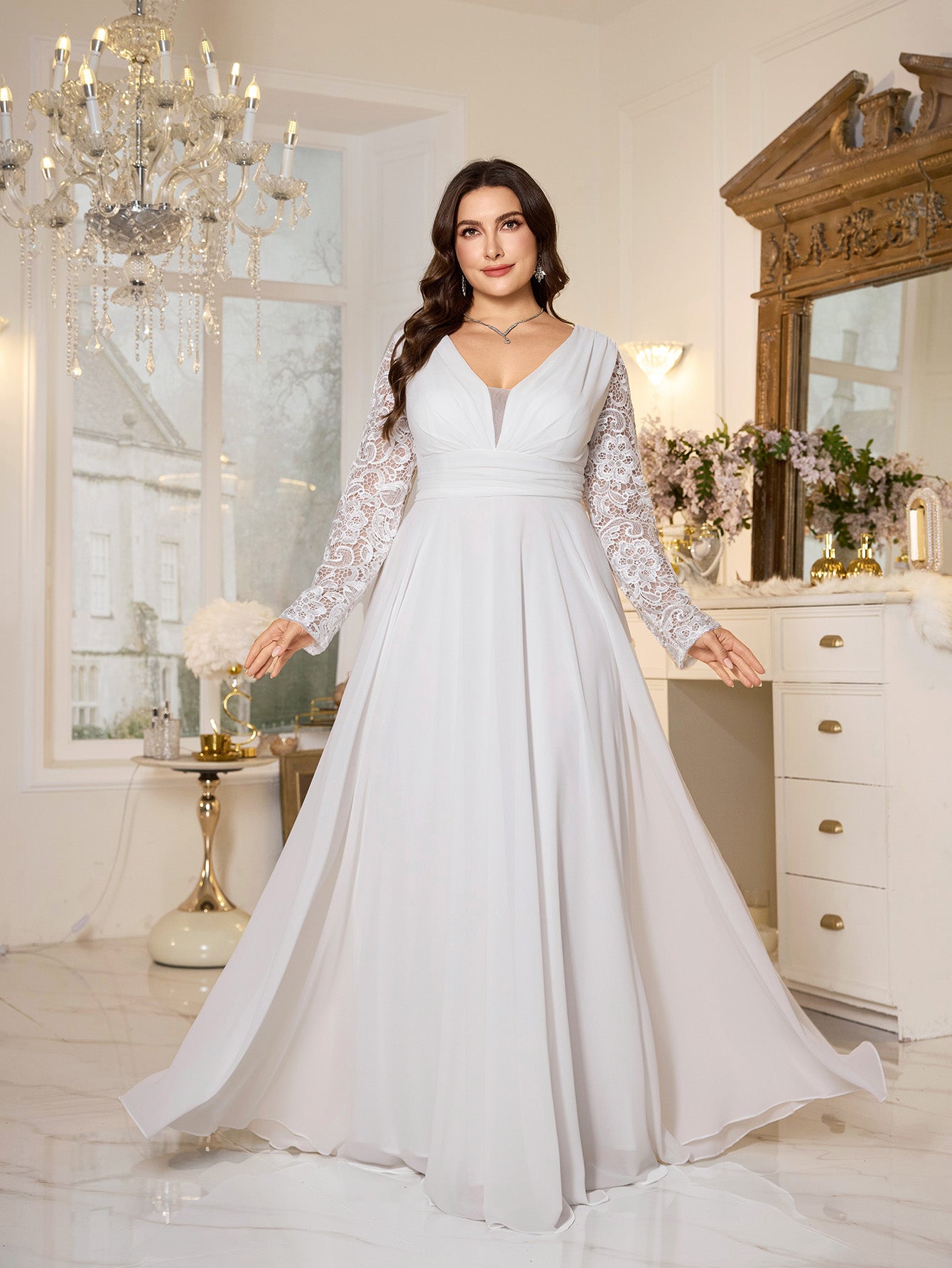 White Lace Long‑Sleeve High‑Waist A‑Line Plus‑Size Evening Gown