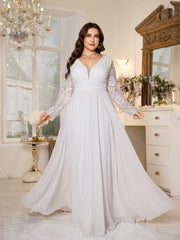 White Lace Long‑Sleeve High‑Waist A‑Line Plus‑Size Evening Gown