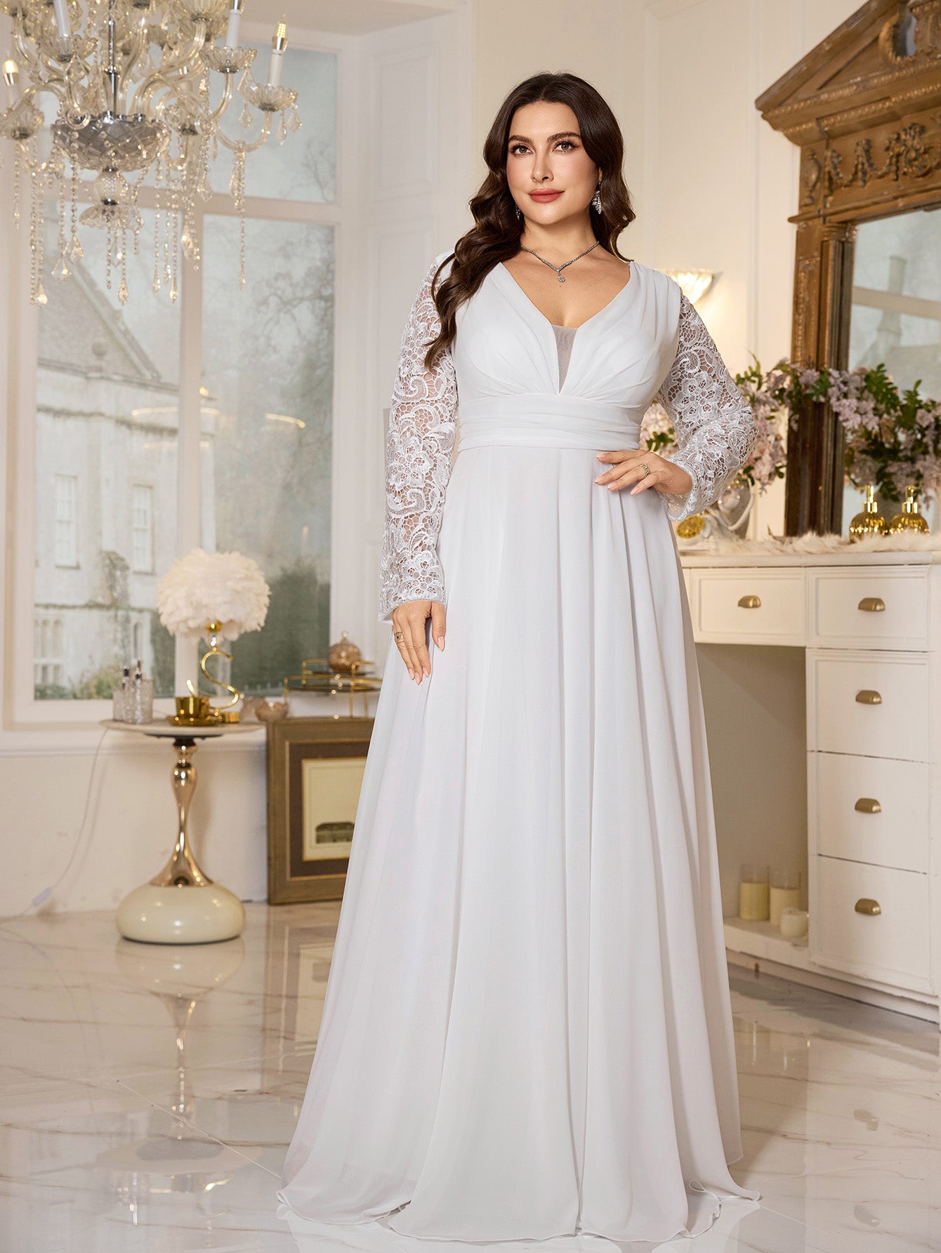 White Lace Long‑Sleeve High‑Waist A‑Line Plus‑Size Evening Gown