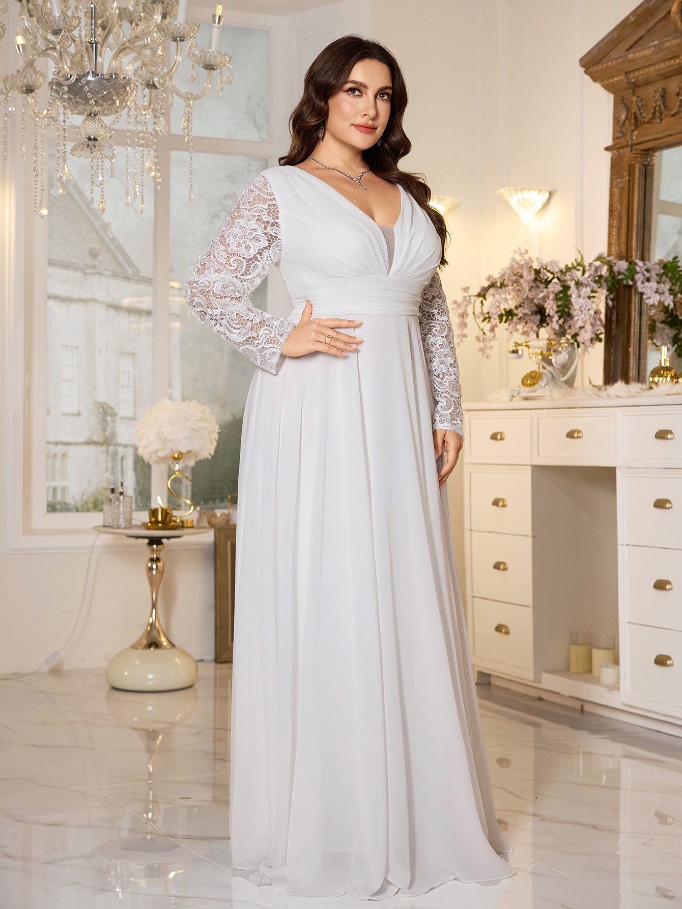 White Lace Long‑Sleeve High‑Waist A‑Line Plus‑Size Evening Gown