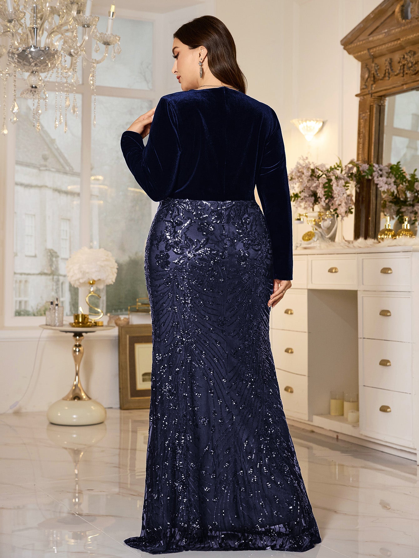 Black Velvet‑Top Sequin Mermaid Plus Size Evening Gown