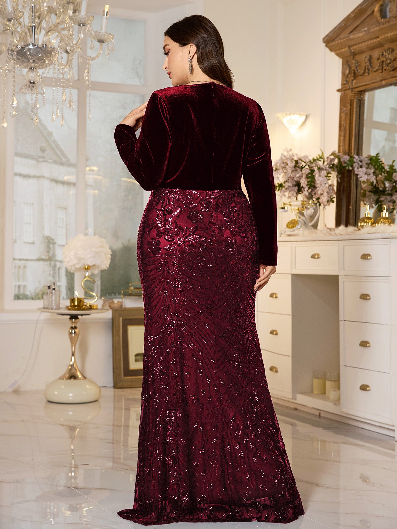 Black Velvet‑Top Sequin Mermaid Plus Size Evening Gown