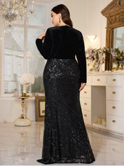Black Velvet Top Sequin Skirt V‑Neck Plus‑Size Mermaid Formal Dress
