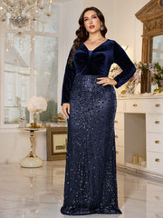Black Velvet‑Top Sequin Mermaid Plus Size Evening Gown