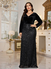 Black Velvet Top Sequin Skirt V‑Neck Plus‑Size Mermaid Formal Dress