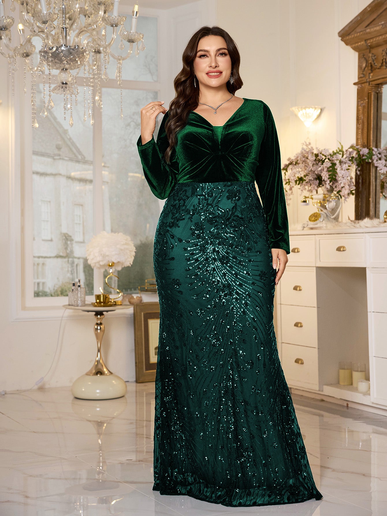Black Velvet‑Top Sequin Mermaid Plus Size Evening Gown