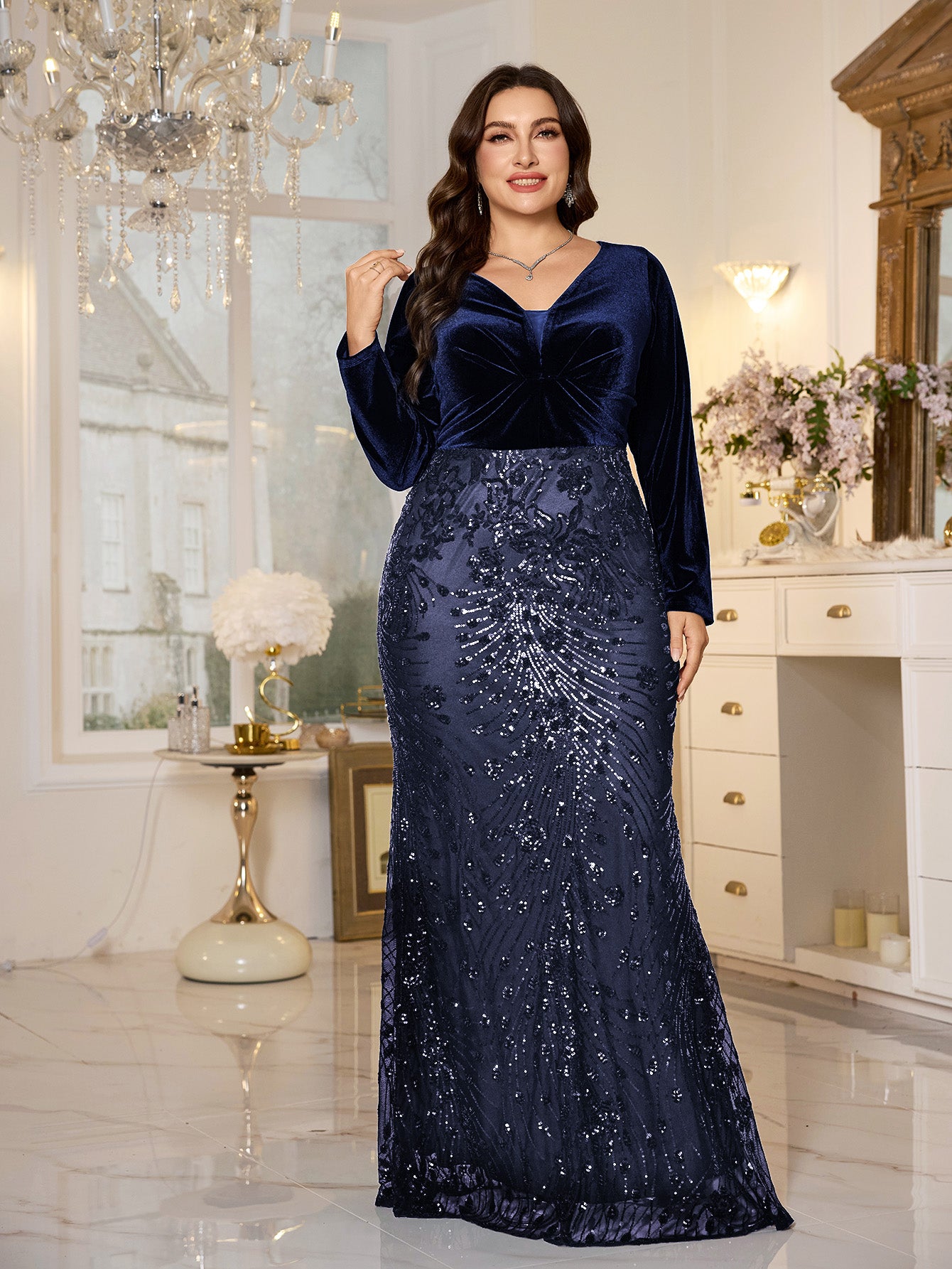 Black Velvet‑Top Sequin Mermaid Plus Size Evening Gown
