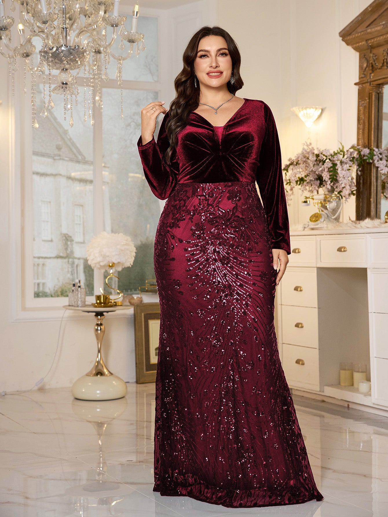 Black Velvet‑Top Sequin Mermaid Plus Size Evening Gown