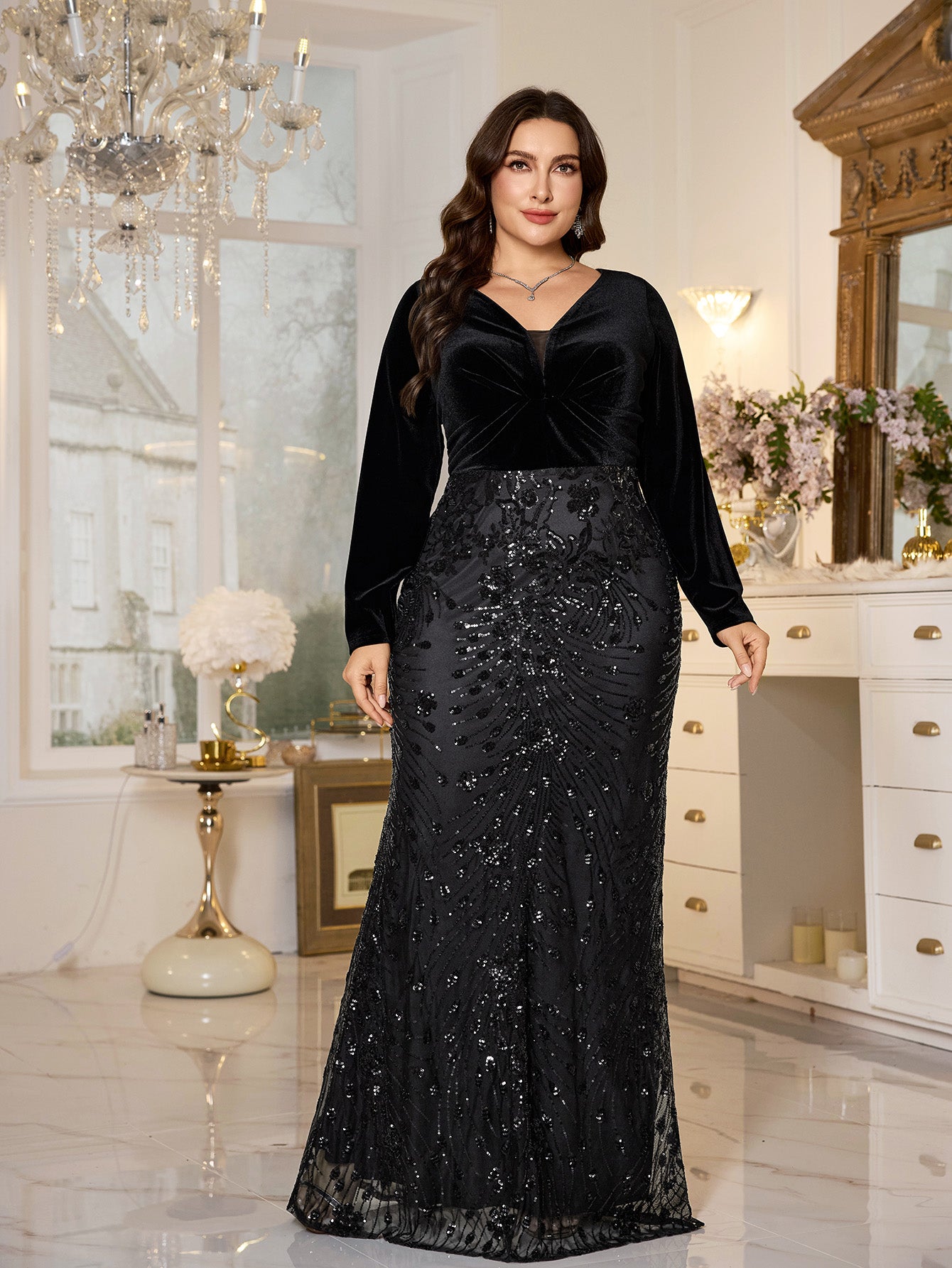 Black Velvet Top Sequin Skirt V‑Neck Plus‑Size Mermaid Formal Dress