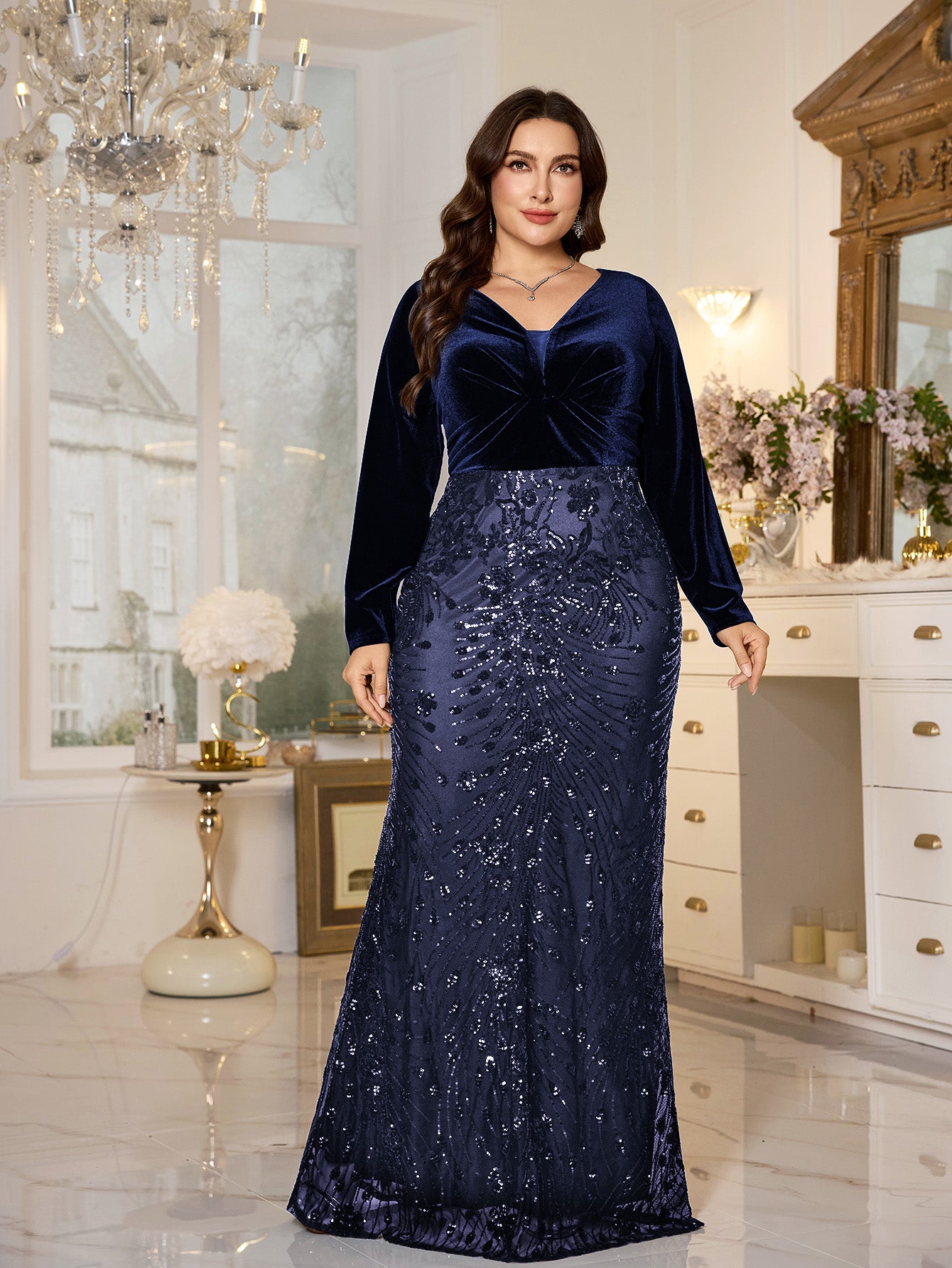 Black Velvet‑Top Sequin Mermaid Plus Size Evening Gown