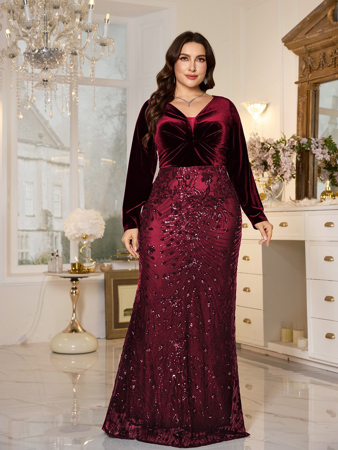 Black Velvet‑Top Sequin Mermaid Plus Size Evening Gown