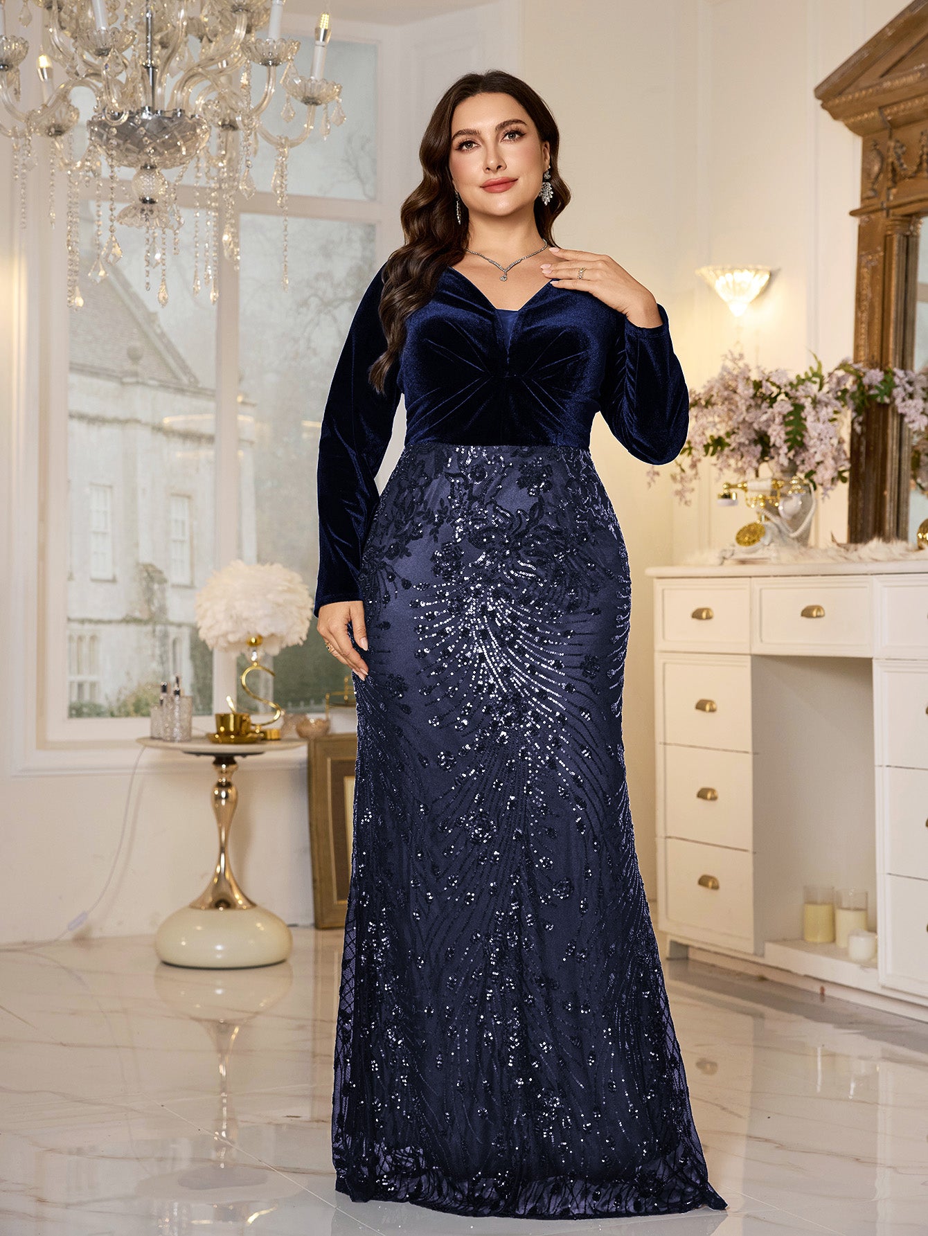 Black Velvet‑Top Sequin Mermaid Plus Size Evening Gown