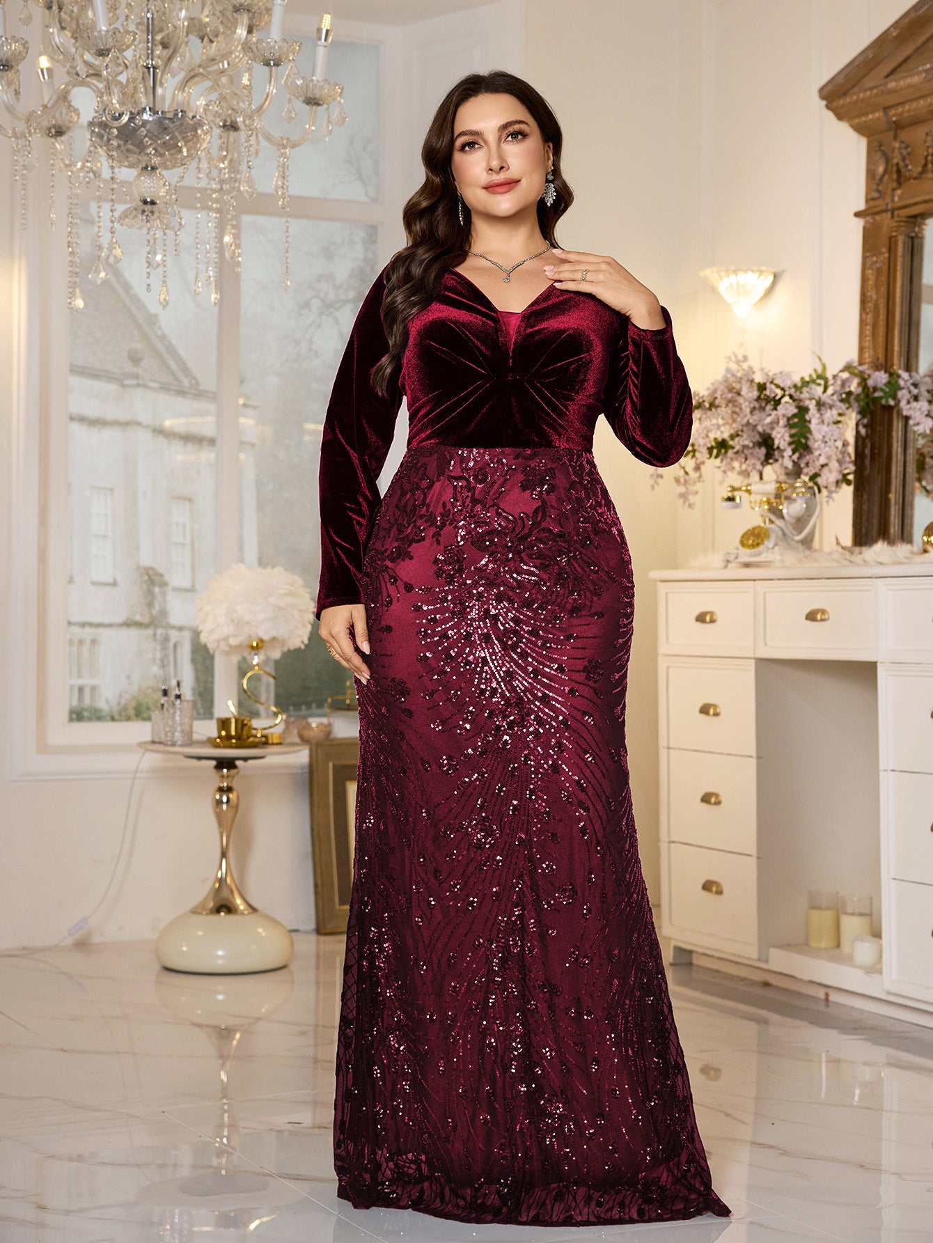 Black Velvet‑Top Sequin Mermaid Plus Size Evening Gown