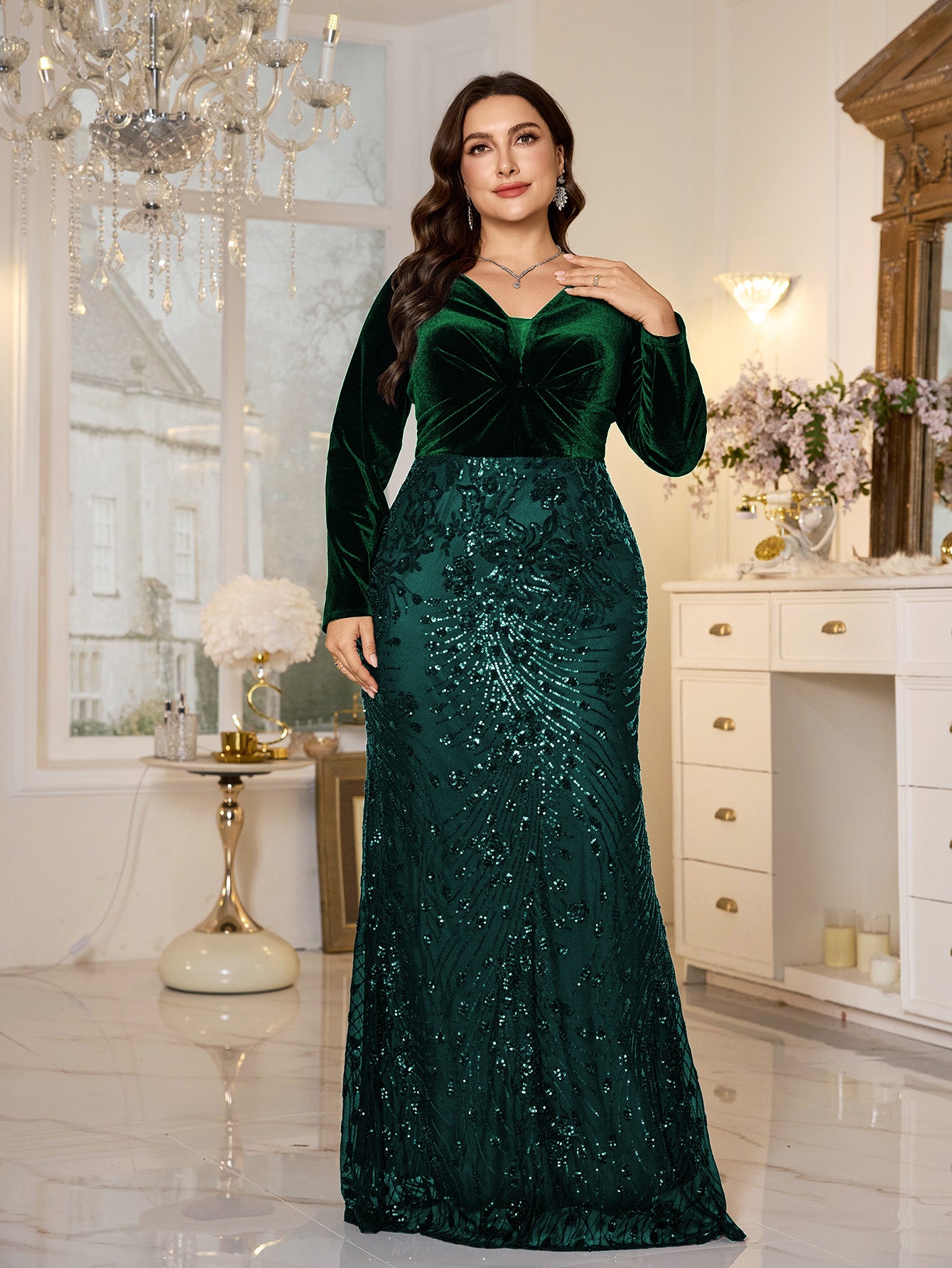 Black Velvet‑Top Sequin Mermaid Plus Size Evening Gown