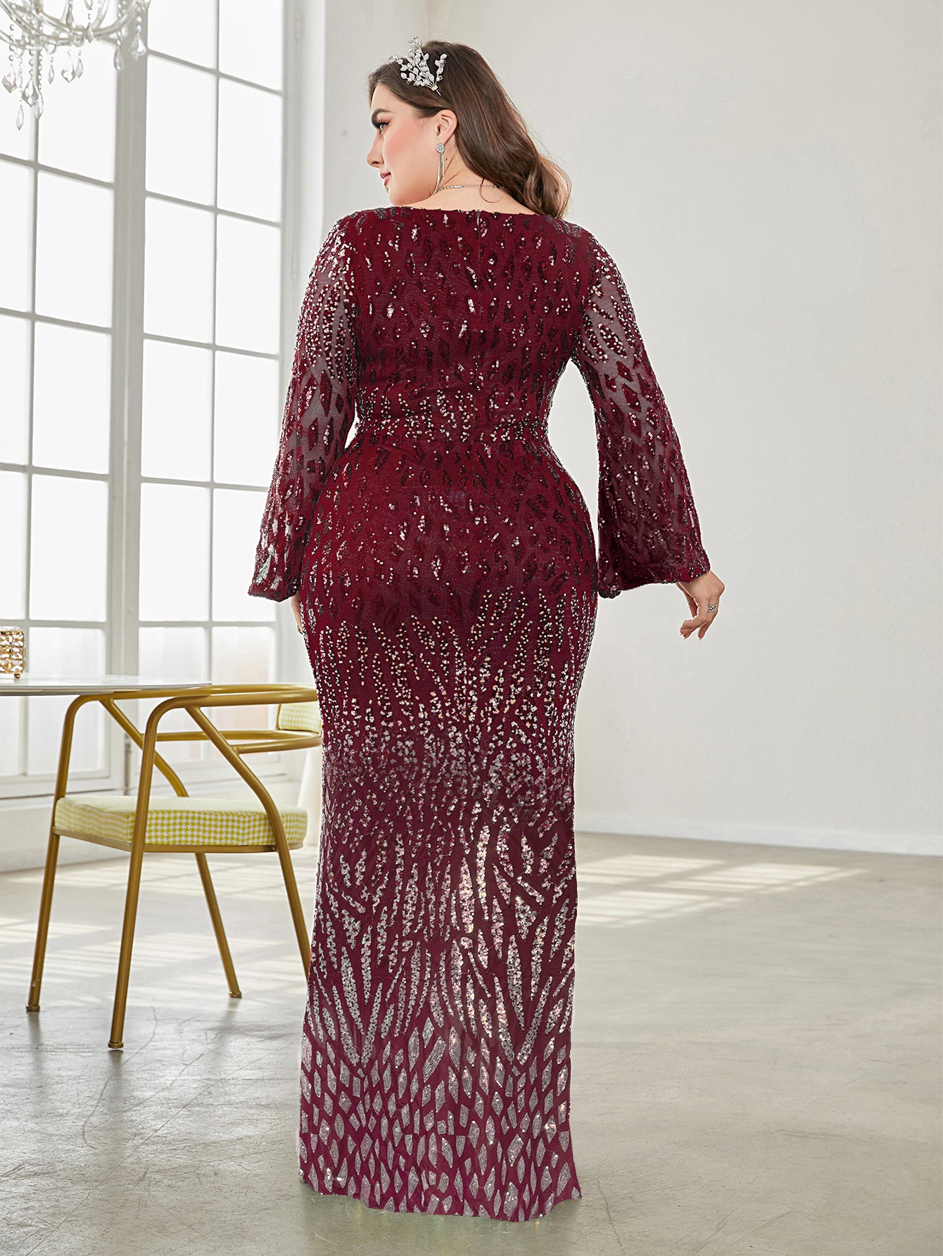 Plus Split Sleeve Sequin Formal Dress | XUIBOL