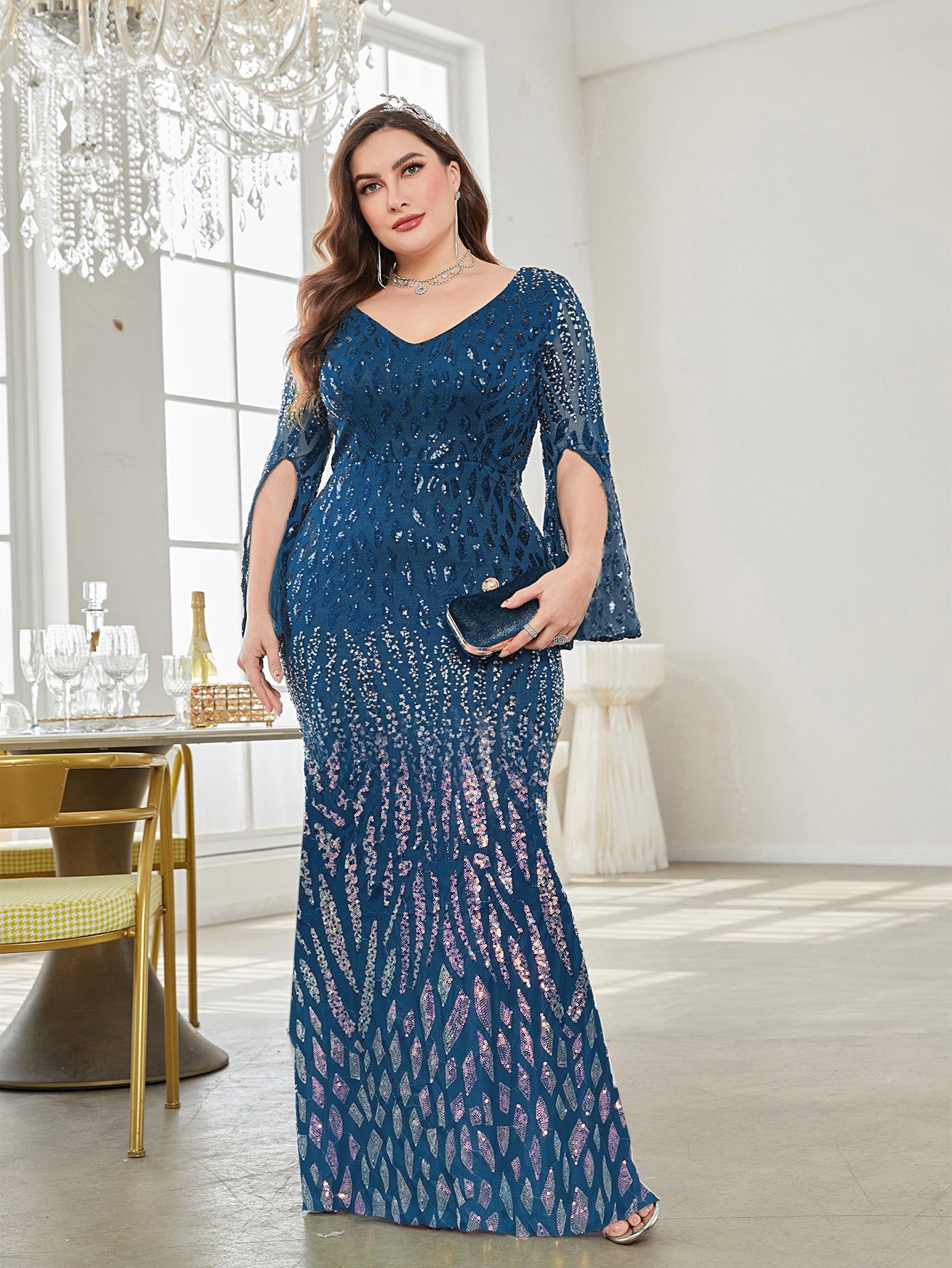 Plus Split Sleeve Sequin Formal Dress | XUIBOL