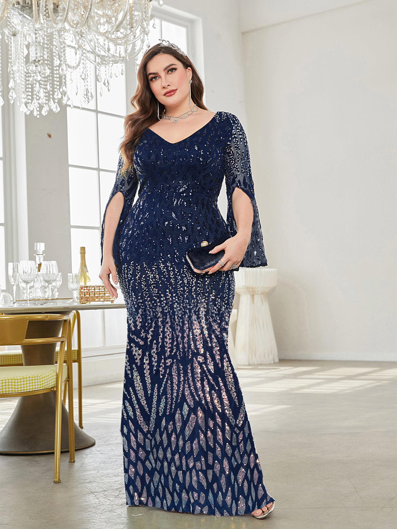 Plus Split Sleeve Sequin Formal Dress | XUIBOL