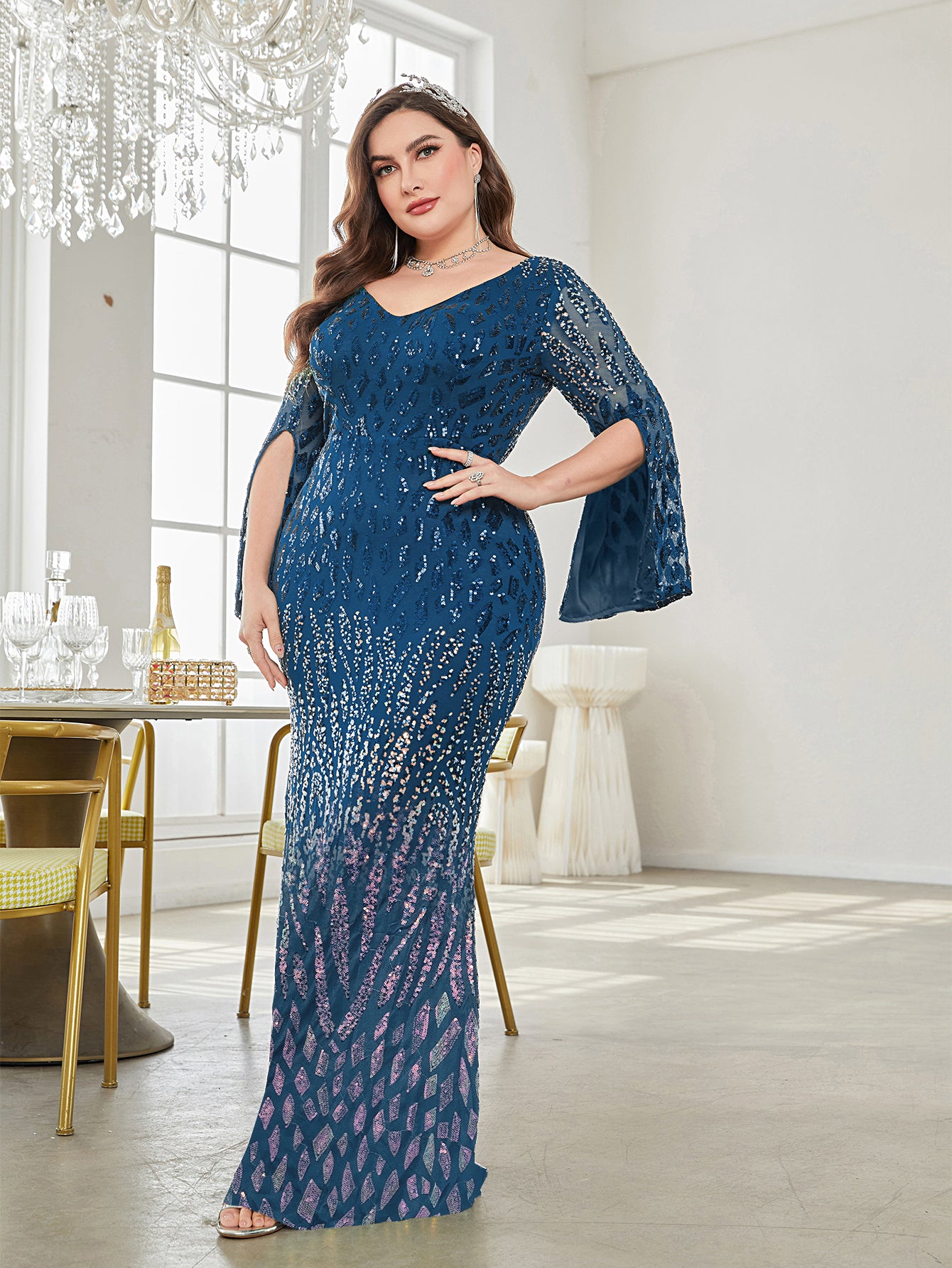 Plus Split Sleeve Sequin Formal Dress | XUIBOL