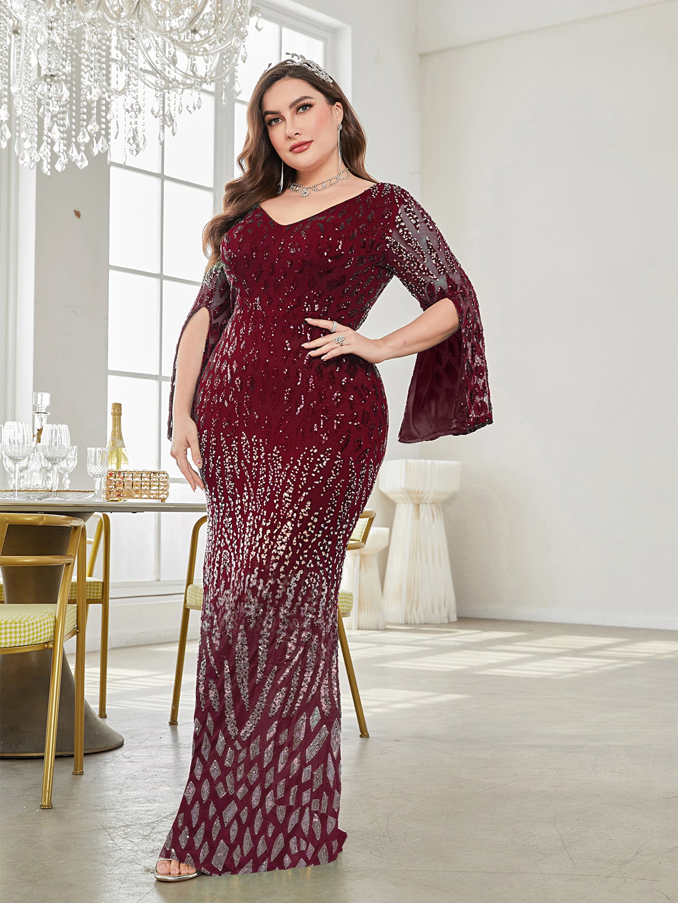 Plus Split Sleeve Sequin Formal Dress | XUIBOL