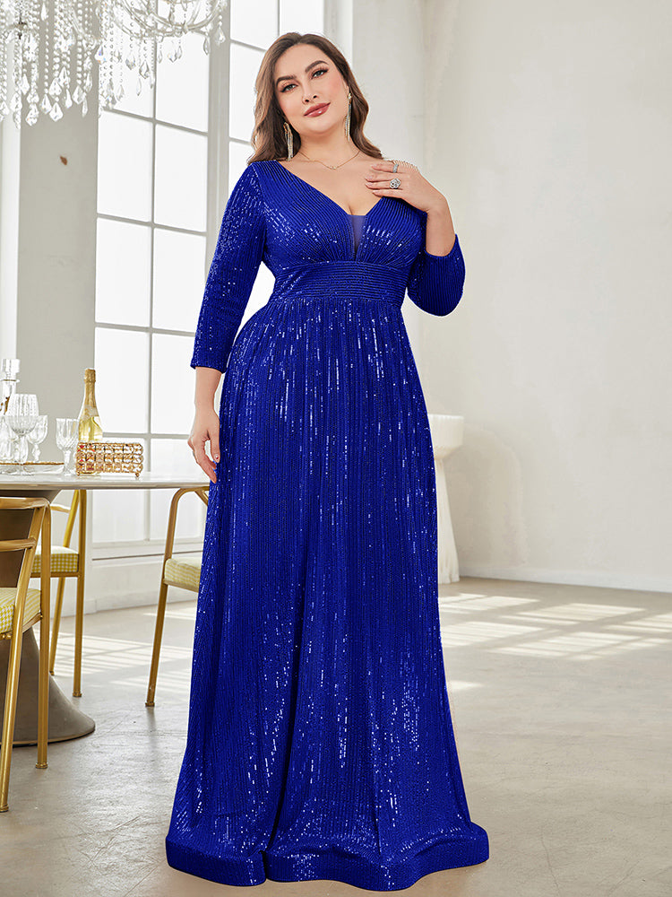 Plus Size Luxury V-Neck Long Sleeves Sequins Evening Dress | XUIBOL