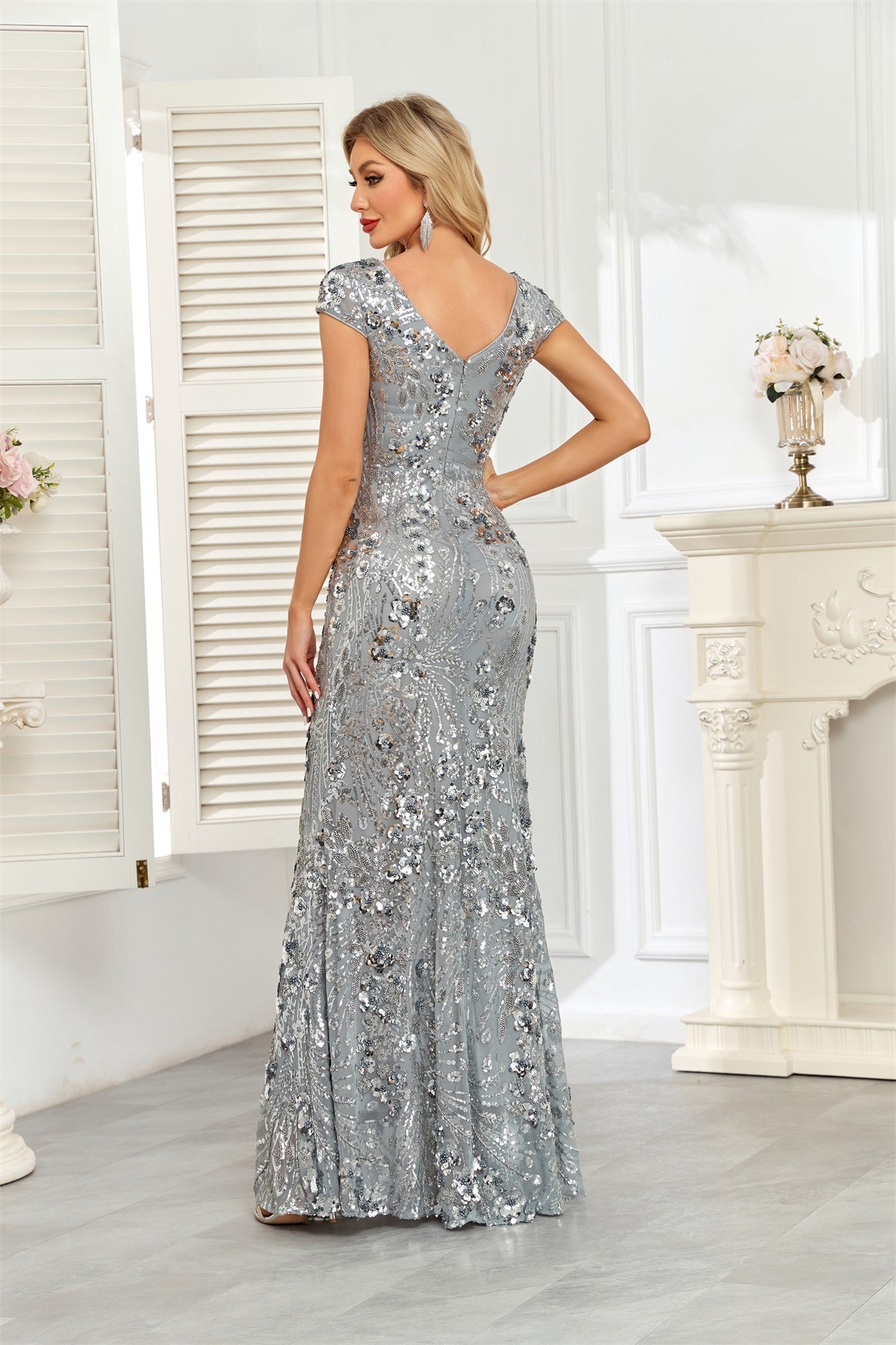 Silver Grey Sequin Cap‑Sleeve Mermaid Evening Gown