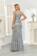 Silver Grey Sequin Cap‑Sleeve Mermaid Evening Gown