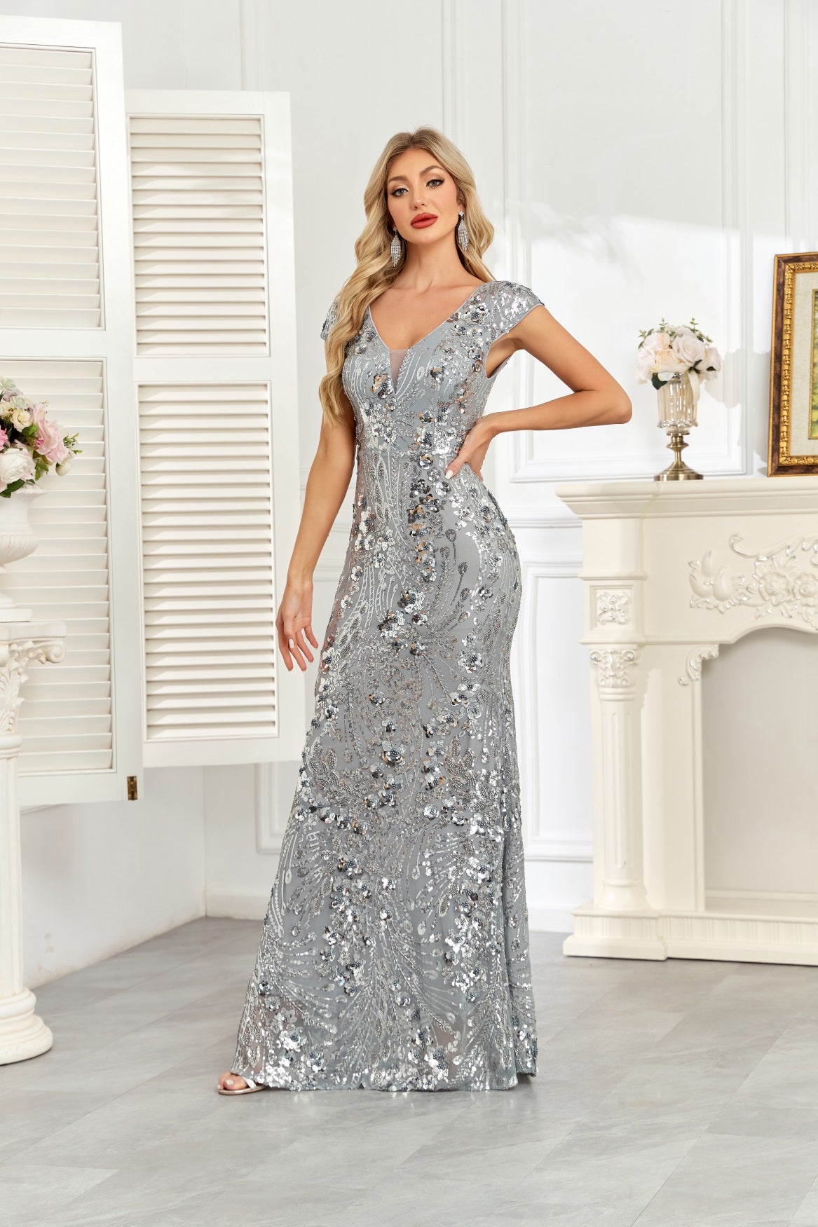Silver Grey Sequin Cap‑Sleeve Mermaid Evening Gown