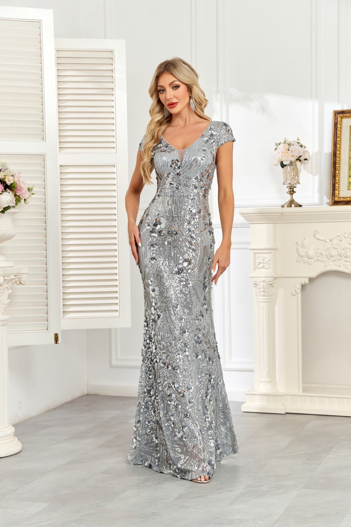 Silver Grey Sequin Cap‑Sleeve Mermaid Evening Gown